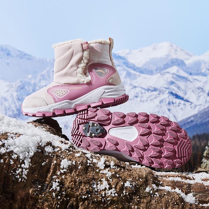 Anta Kids Trendy Fashion Thickened Warm Wear-Resistant Non-Slip High-Top Casual Shoes Kids Casual Shoes Lotus-Gray Raspberry-Pink A22449942-2