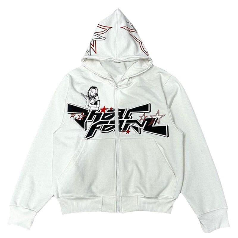 Streetwear Zip-Up Hoodie Star Letter Print Gothic Y2K Sweatshirt Men Women Teens