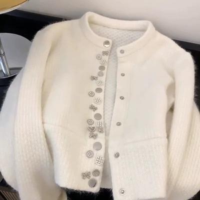 Белый Свитер-куртка из енотового бархата от Heavy Industry Женский Весенне-осенний Новый Пушистый Вязаный Кардиган Топ