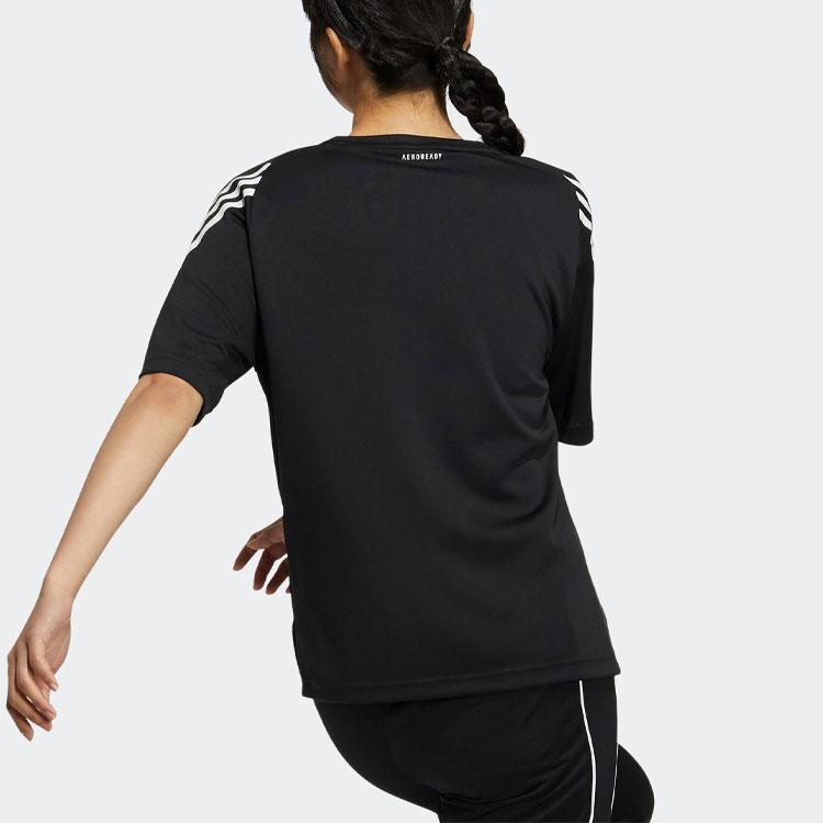 adidas Футболка с коротким рукавом 24/7 с принтом логотипа и полосатой отделкой, удобная ребристая футболка с круглым вырезом, женские топы черного цвета H29488
