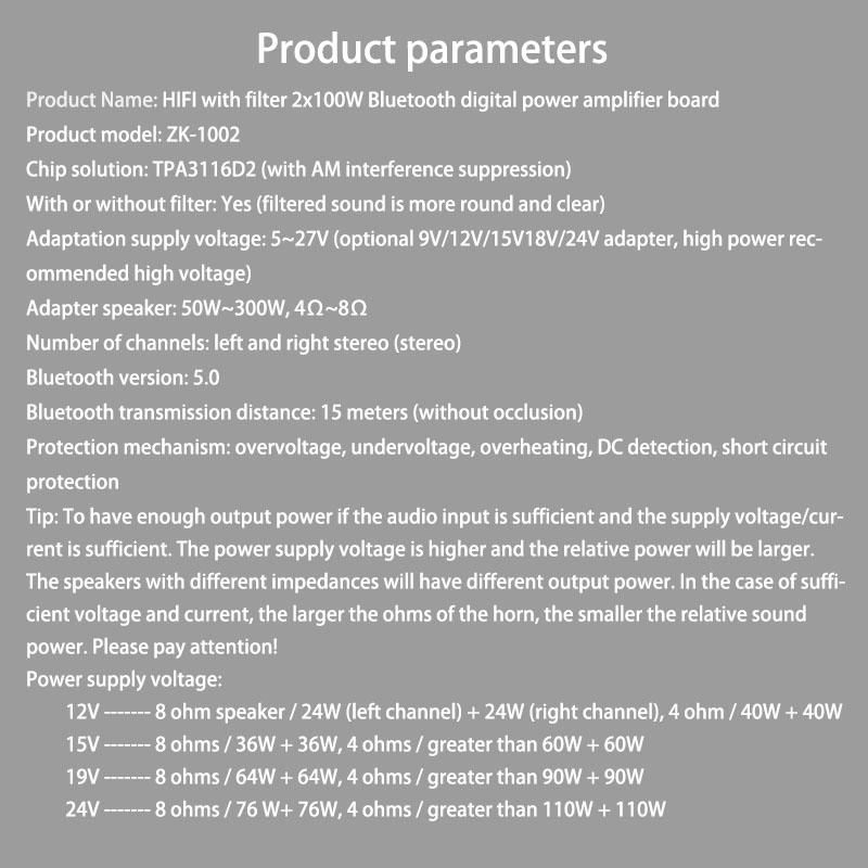 ZK-1002 100 Вт + 100 Вт HIFI TPA3116 Bluetooth 5,0 Высокомощный цифровой стерео аудио усилитель Плата