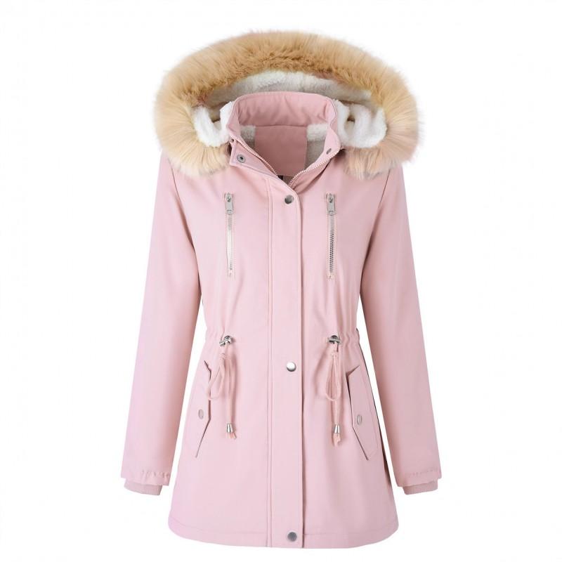 Womens Winter Parka Coat With Faux Fur Hood Sherpa Lining Drawstring Waist Warm Cotton Padded Outerwear