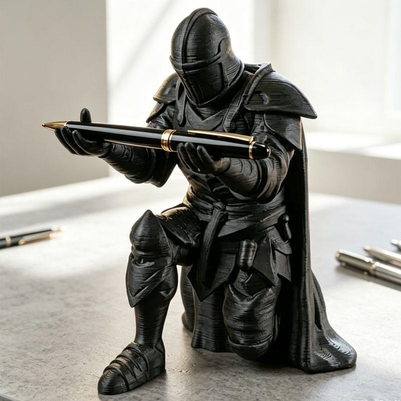 Pen Holder 3D Printed Medieval Knight Black Silver Warrior Statue Desk Organizer Creative Office Desktop Decor Stationery Gift