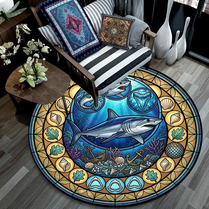 Ocean Life Glass Round Area Rug Under Office Chairs Bedroom Living Room Home Decor