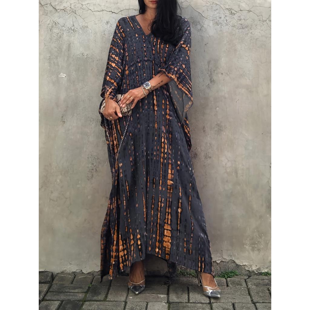 Plus Size Boho Cover Up, Women's Plus Striped Batwing Sleeve V Neck Split Maxi Kaftan Cover Up Dress