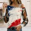 Women Plus Size Asymmetric Off Shoulder T Shirt Long Sleeve Firework Print Navy Blue Sheer Mesh Sleeve