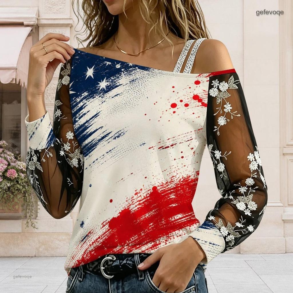 Women Plus Size Asymmetric Off Shoulder T Shirt Long Sleeve Firework Print Navy Blue Sheer Mesh Sleeve