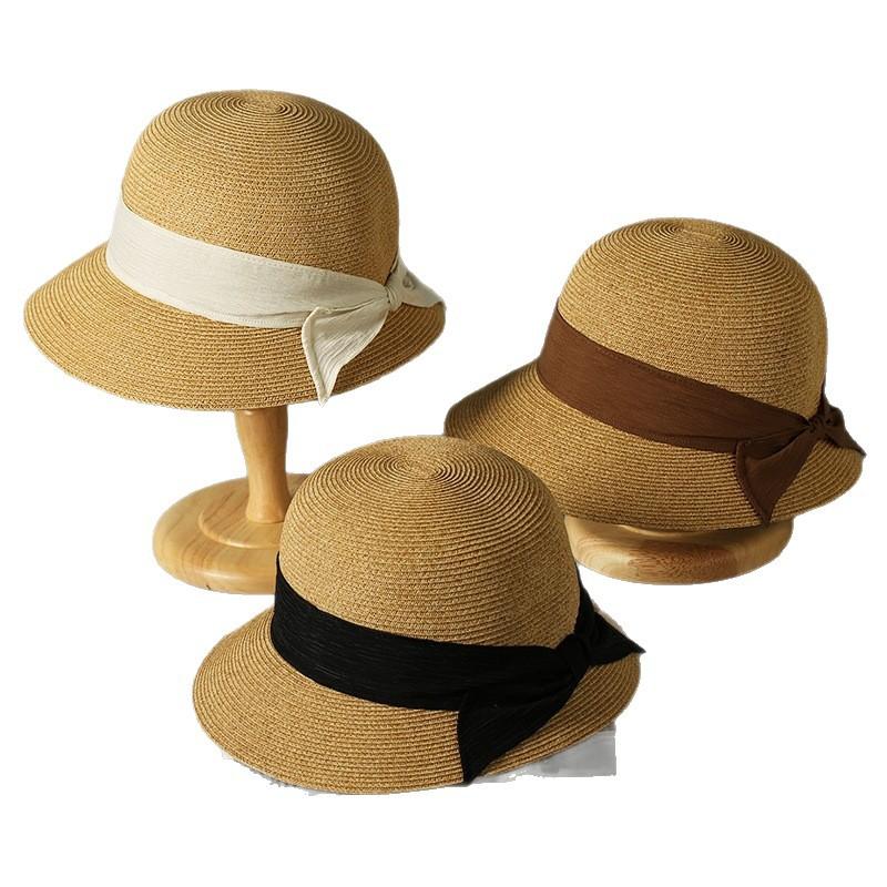 Sunscreen straw hat women's summer UV protection foldable bow sun hat elegant straw sun hat