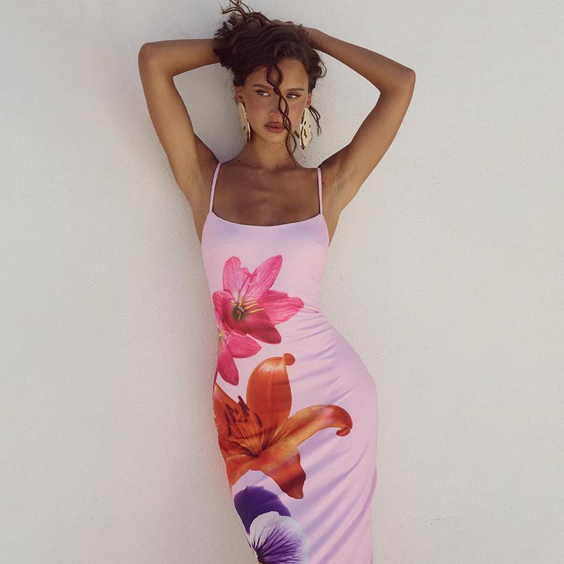 Floreal Print Long Dress For Women Gown Summer Spaghetti Strap Sleeveless Backless Bodycon Sexy Midi Dress Elegant