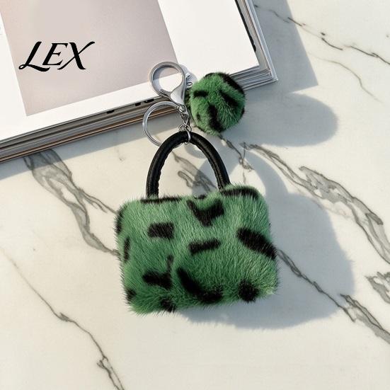 Key Ring with Pompom Leopard Print Plush Handbag Keychain, Mini Bag Pendant Pompom, Backpack Decorative Accessory for Women Girls Holder