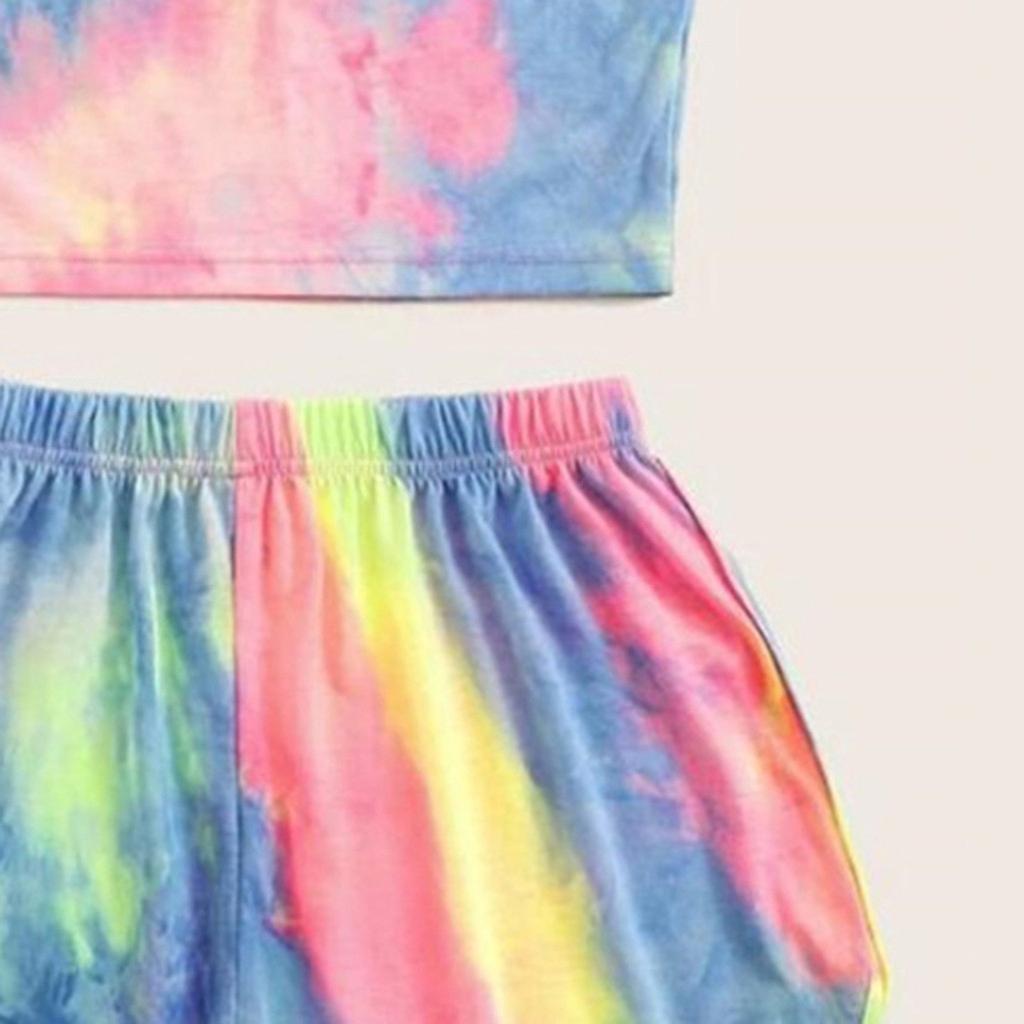 Womens Sleeveless Strappy Short Tie-dye Print Cami Belt Top And Pants Suit