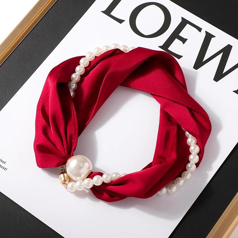Magnetic Narrow Elegant Satins Neck Scarf Wrap With Pearls Chain Necklace And Buckle For Women Vintage Floral Silk Neckerchief
