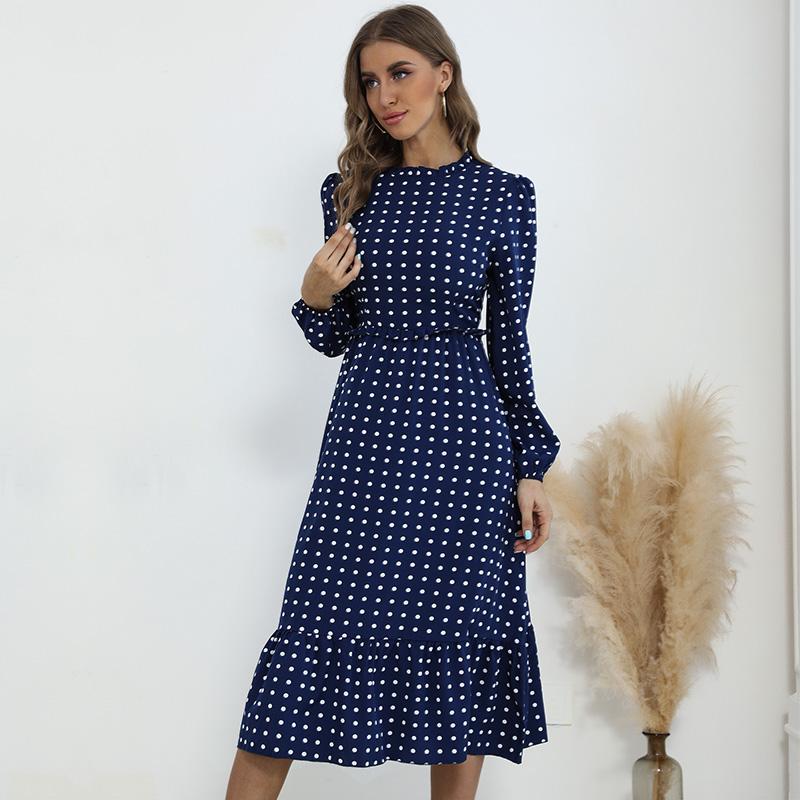 YYFS Женские винтажные повседневные платья в горошек с принтом на лето и весну с длинным рукавом и круглым вырезом с высокой талией