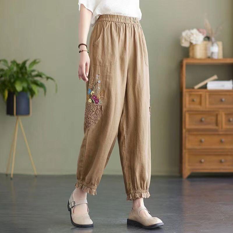 Весенние и летние женские укороченные брюки-шаровары летние свободные кружевные вышитые брюки-фонарики