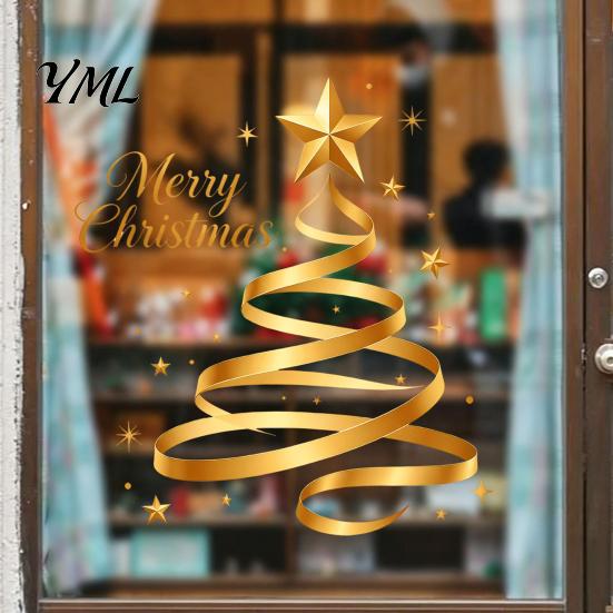 Seasonal Home Decoration Gold Ribbon Christmas Tree Static Cling Window Decal, Merry Glass Clings Sticker with Stars, Reusable Holiday Decor for Shop