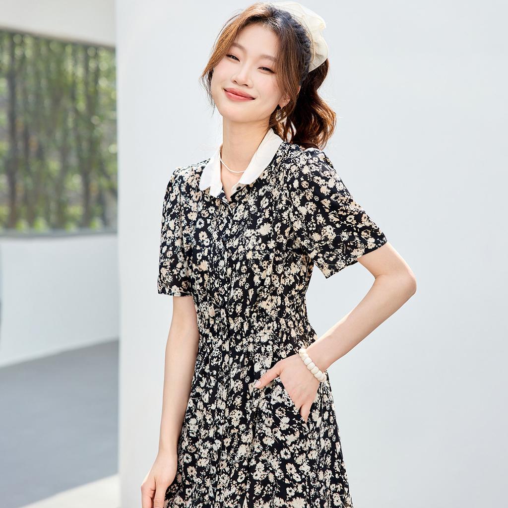 High end women's lapel dress, 2026 summer new collection, waist cinching temperament, ladies' mid length dress
