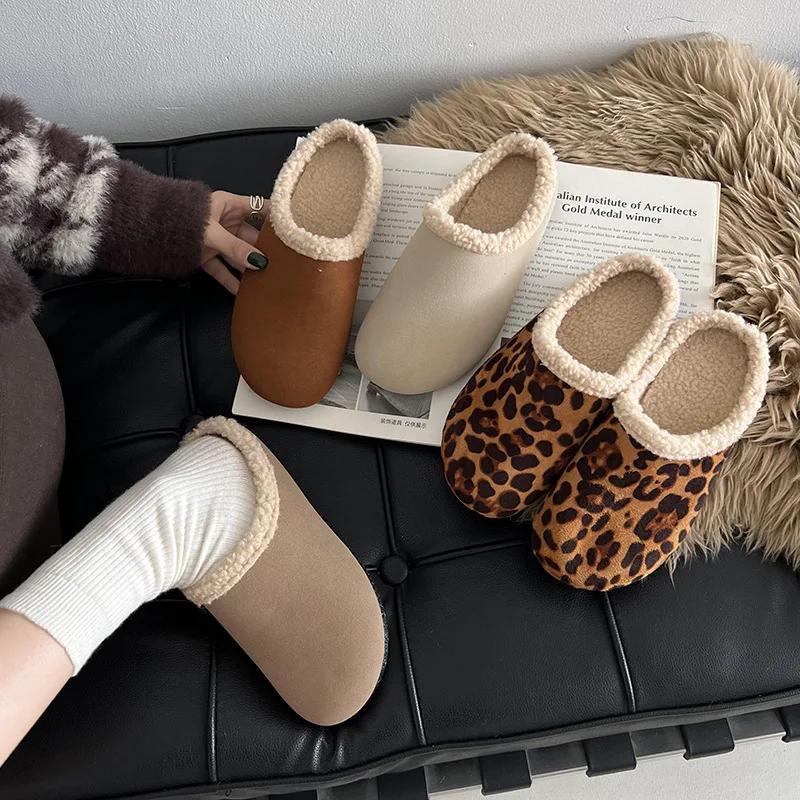 Мода зимние леопардовые женские домашние меховые мюли тапочки повседневные закрытые туфли на плоской подошве шлепанцы женские удобные теплые хлопковые туфли
