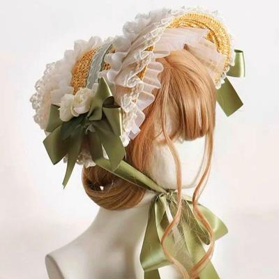 Лолита боннет с плоским верхом, пасторальный стиль, бант, лента, цветочная шляпка, мягкая лолита, соломенная шляпа, пляжный отдых