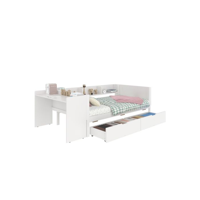 Lit - Blanc - 90x200 cm - Bureau à 2 tiroirs - Bois massif - 1 place