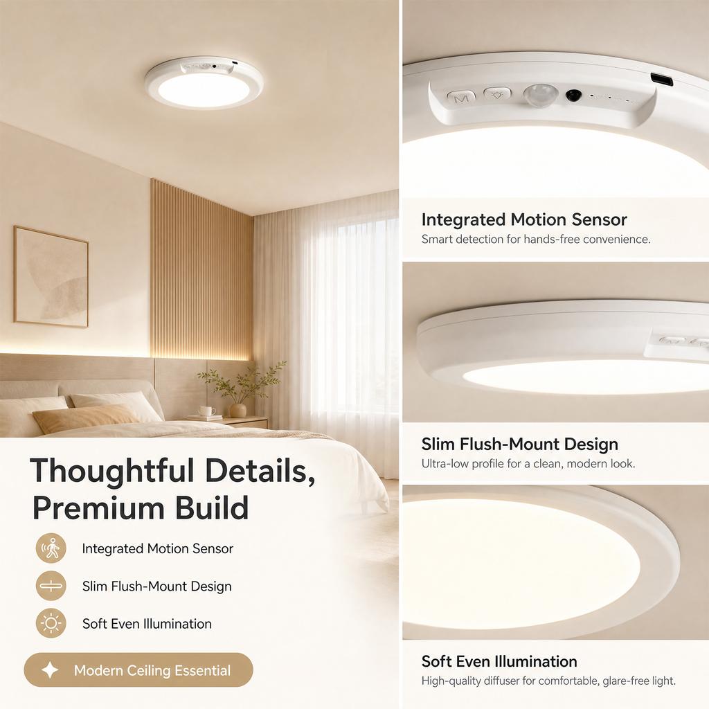 Wireless Battery Powered Wardrobe Light — Dimmable Ceiling Light with Remote Control  Timer  and Motion Sensor Functions Rechargeable  White