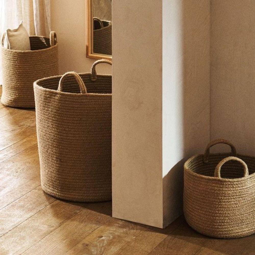 Cotton Linen Woven Dirty Laundry Basket Decorative Straw Wicker Rattan Storage Basket  Bathroom