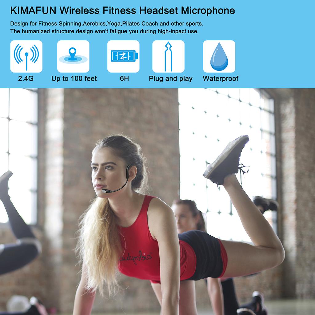 KIMAFUN 2.4G Wireless Headset Microphone Waterproof Sweatproof Mic for Fitness Coach Yoga Dance Teacher School Classroom Speaker