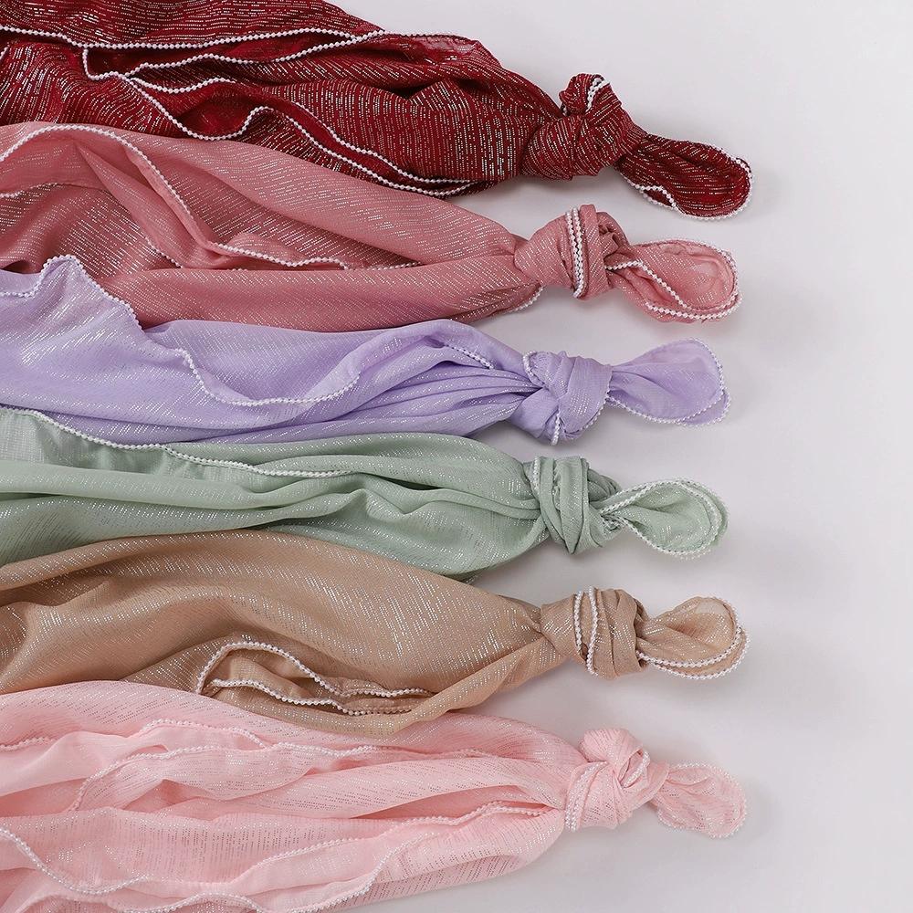 Chiffon Gold and Silver Wire Light Thin Women's Casual Pearl Edge Shawl Headscarf Hijab Scarves