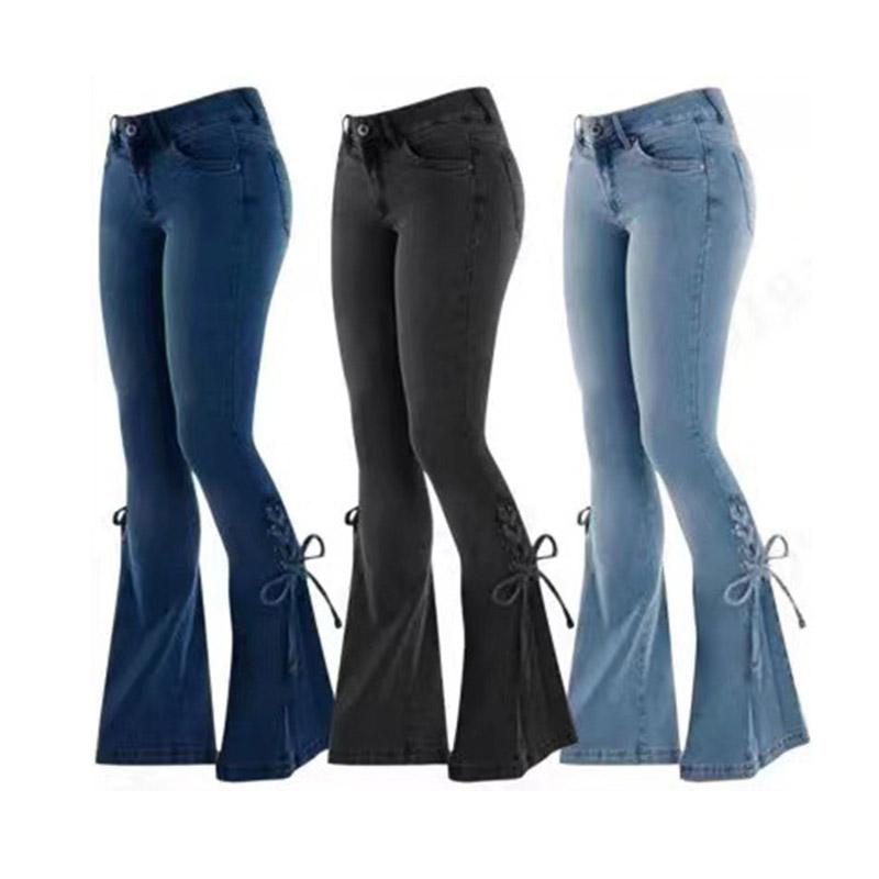 Новые женские расклешенные джинсы с высокой талией, джинсовые брюки, винтажная эластичная уличная одежда, расклешенные брюки со шнуровкой, повседневные джинсы, женские брюки
