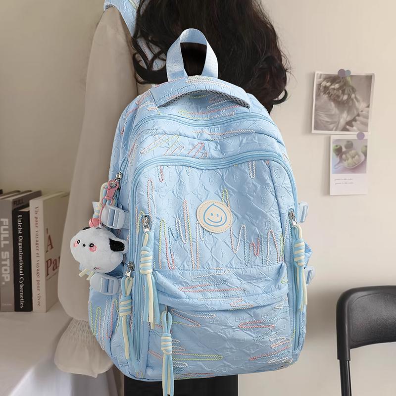 Cute Pastel Quilted Backpack for Women,Girls,Students & Teens,Embroidered Daypack with Smile Patch & Plush Charm,Kawaii Rucksack