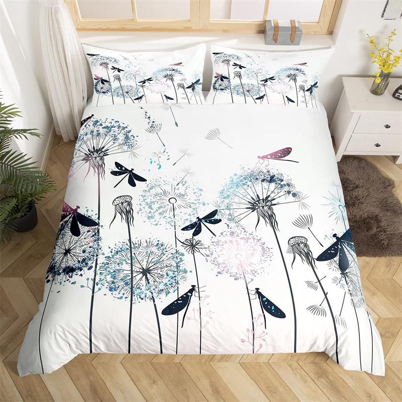 Dandelion Floral Duvet Cover King Queen Wooden Plank Farmhouse Comforter Cover Microfiber Dragonfly Botanical Weed Bedding Set
