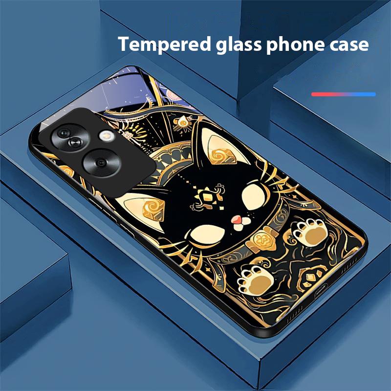 Черный Золотой Кот Для Oppo A79 5G 58 78 74 60 4G Reno 11F Realme GT 6 11 Note 50 10 C55 X2 Закаленное Стекло Черный Чехол для Телефона
