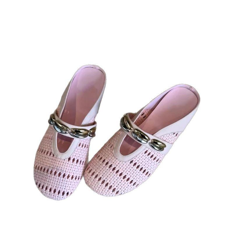 Summer bag head flat-bottomed slippers women's new retro woven hollow light luxury low-heeled slippers with sandals women