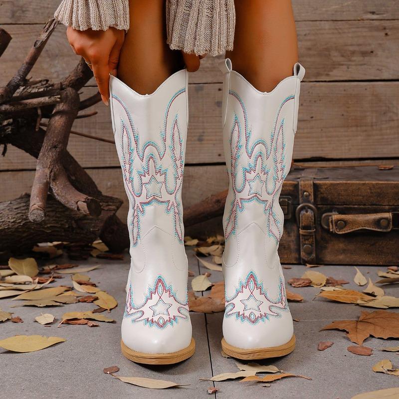 Модные ретро этнические вышитые ботильоны на высоком каблуке средней высоты для женщин