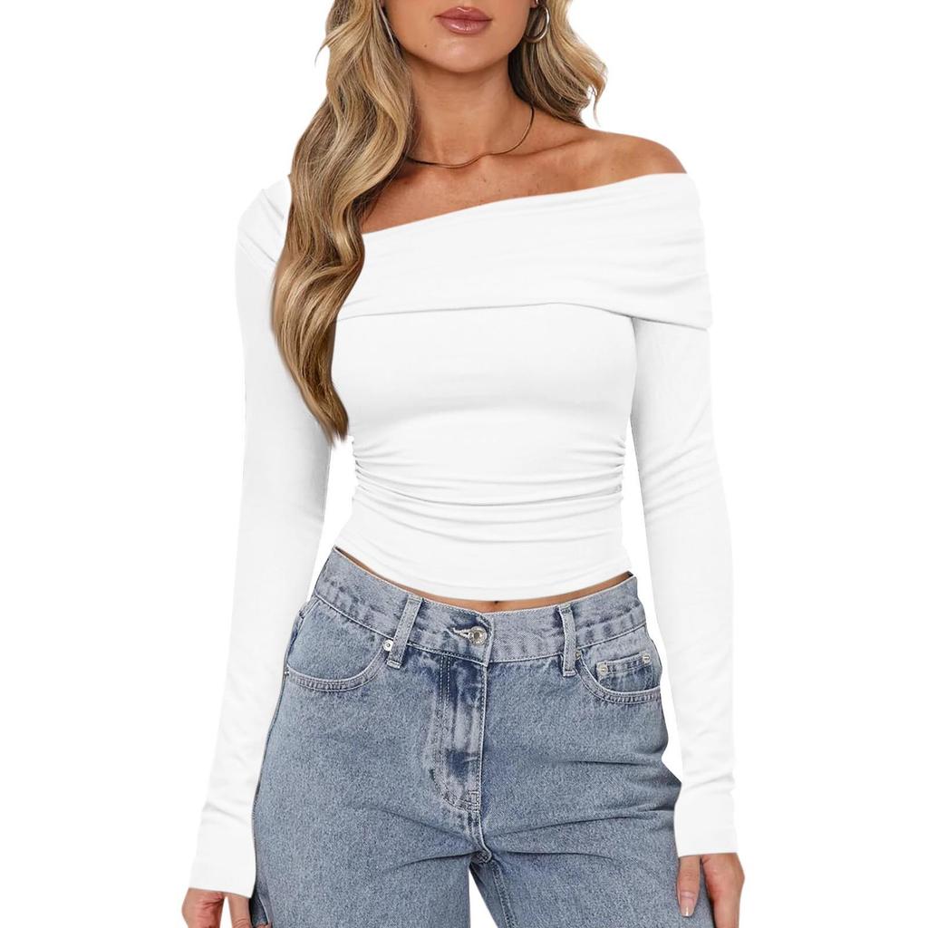 Женская мода, однотонный плиссированный топ на одно плечо с длинными рукавами, облегающий короткий топ с открытым пупком