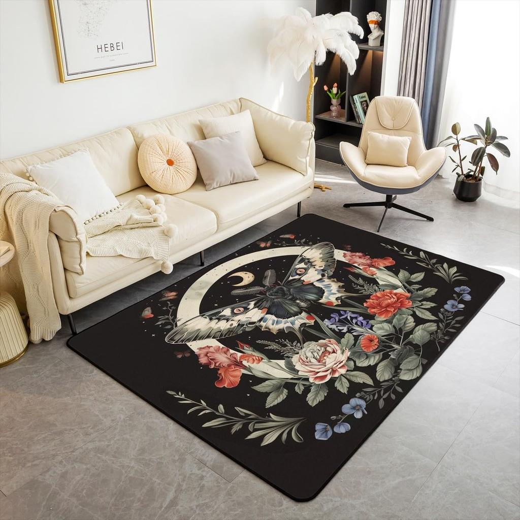 Erosebridal Moth Skull Moon Area Rug 4'11" x 3'3" Bohemian Stars Exotic Living Room Rugs Starry Sky Mysterious Decorative Carpet Black and W