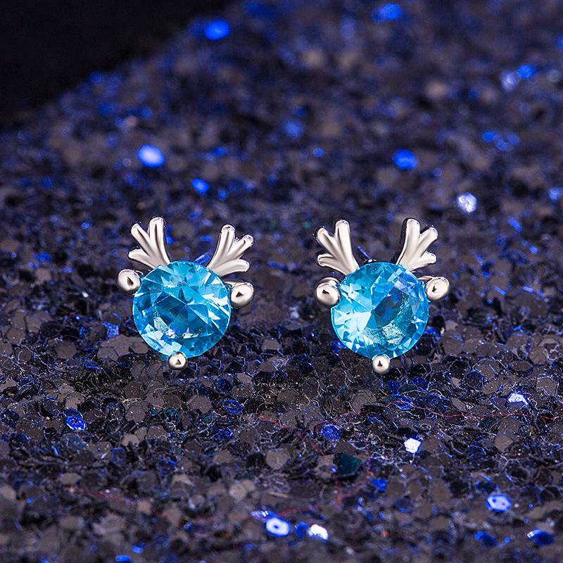 Korean Blue Diamond Elk Antler Earrings for Women - Hot Douyin Crystal Jewelry