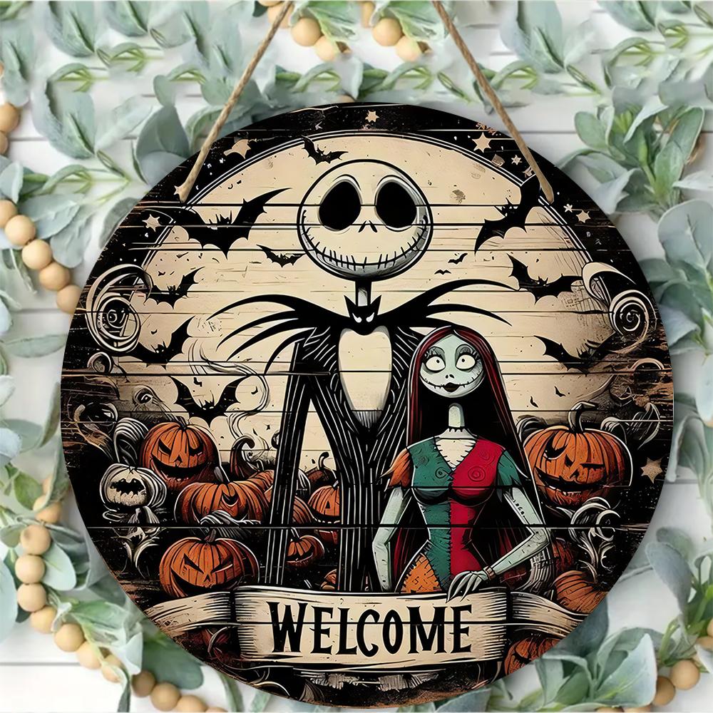 Vintage spooky character design round wooden hanging plaque rustic pumpkin wall decor front door sign aesthetic home holiday decoration party ornament