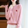 Women's Autumn Embroidered Round Neck Single-Breasted Wool Knit Cardigan