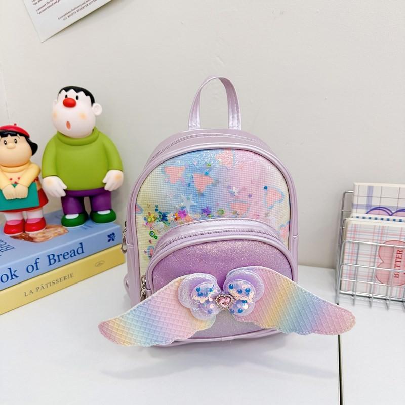 Милый рюкзак для девочек с пайетками в форме сердца и крыльями, из легкого полиуретана, для детского сада и школы