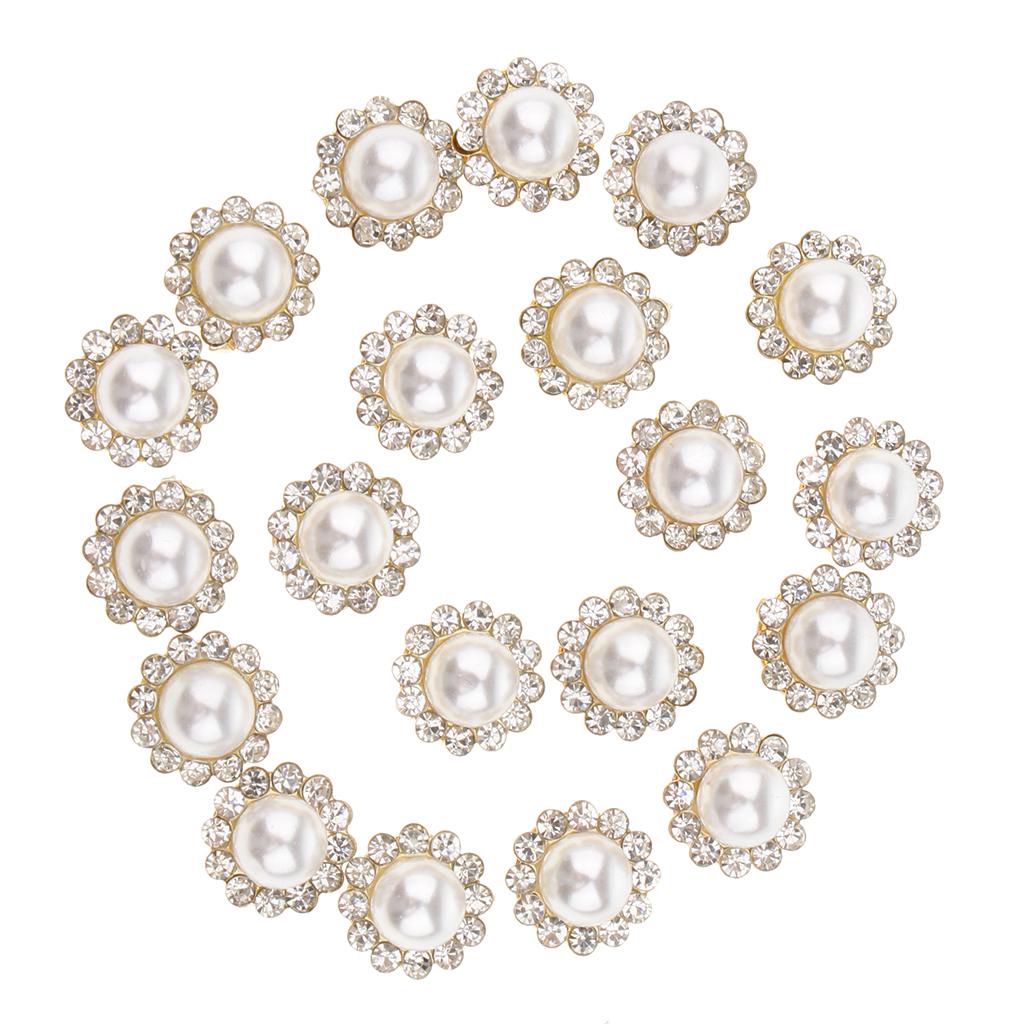 20 Pieces Faux Pearl Buttons Rhinestone Embellishments Flatback for DIY 12mm