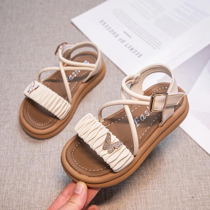 Детские сандалии принцессы со складками для девочек, сандалии со стразами и бабочкой, модная детская летняя пляжная обувь с крестиком, милая