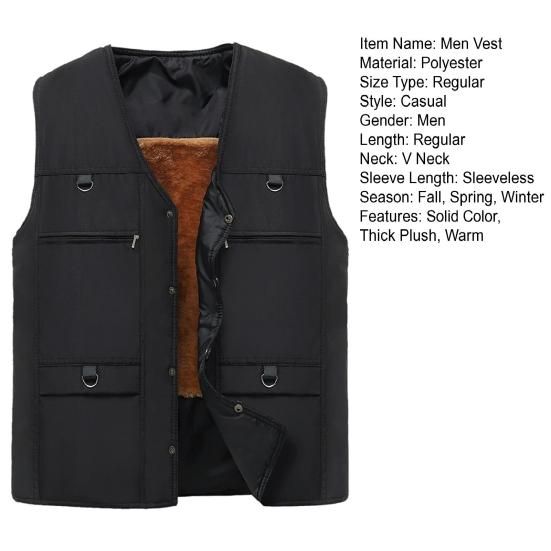 Мужской осенне-зимний жилет, толстый плюшевый жилет без рукавов на молнии с V-образным вырезом, сплошной цвет с несколькими карманами, жилет среднего возраста для отца-рыбалки, мужской зимний жилет, пальто