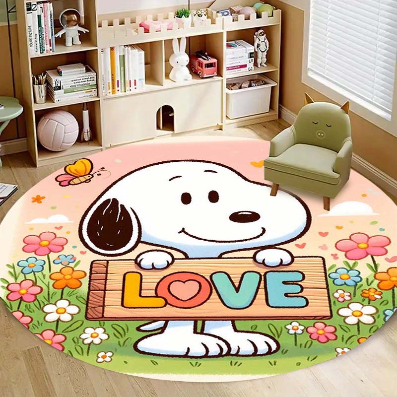 Cartoon Snoopy Round Flannel Rug Circular Non-Slip Area Rug Living Room Bedroom Floor Mat Home Textile Decoration