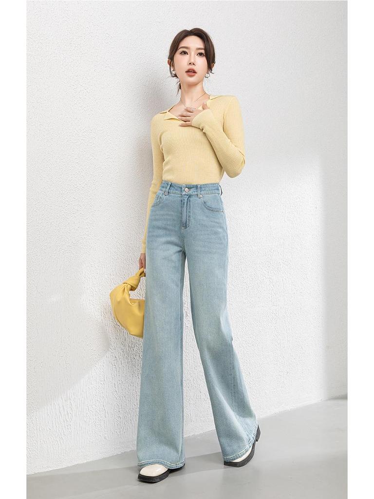 2025 Autumn Women's Korean Style High Waist Loose Wide Leg Denim Flared Pants