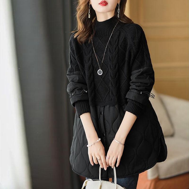 Пуловеры-свитера сохраняют тепло на осень и зиму, свободные искусственные два предмета с высоким воротником, вязаные штаны, лоскутный хлопковый свитер, женский