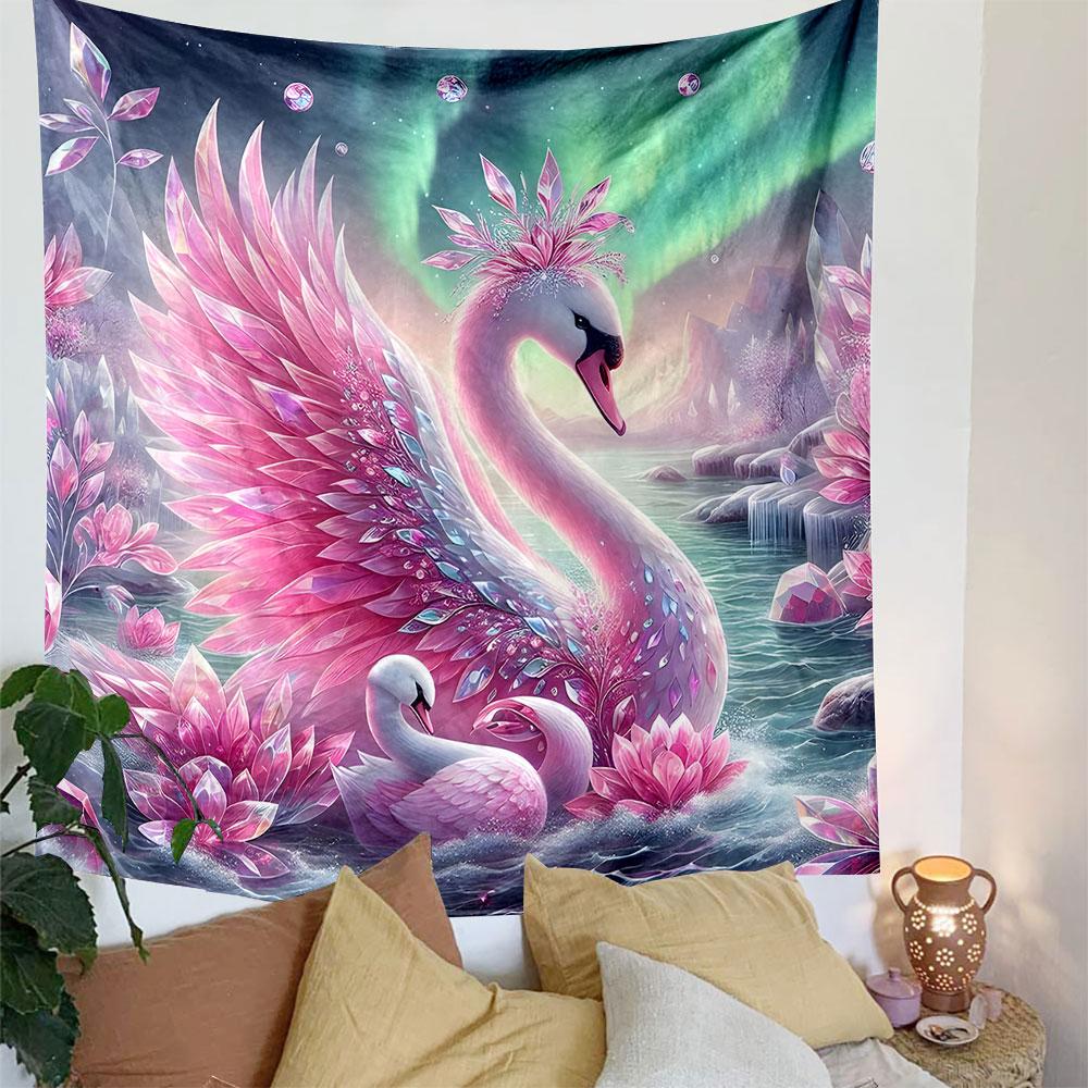 Elegant Pink Swans in Crystal Lagoon Patterned Tapestry Decorative Wall Hanging, Home Bedroom Living Room Decor