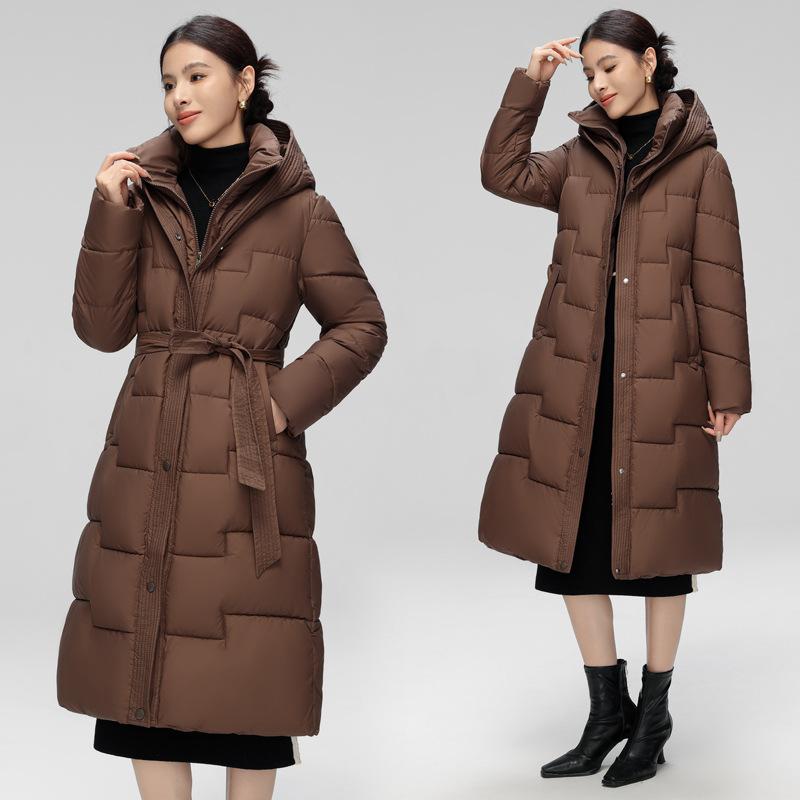 Long over-knee belt down cotton clothes women's new slim-fitting and thin thickened hooded jacket