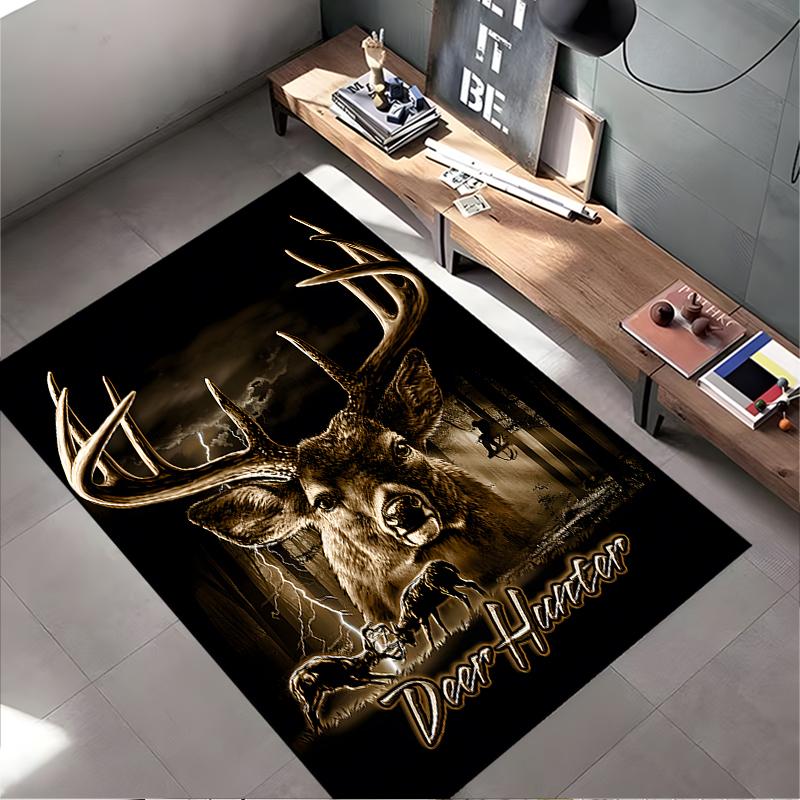 Deer Hunter Design Rug with Forest Background Non-slip rug suitable for living room and bedroom sofas