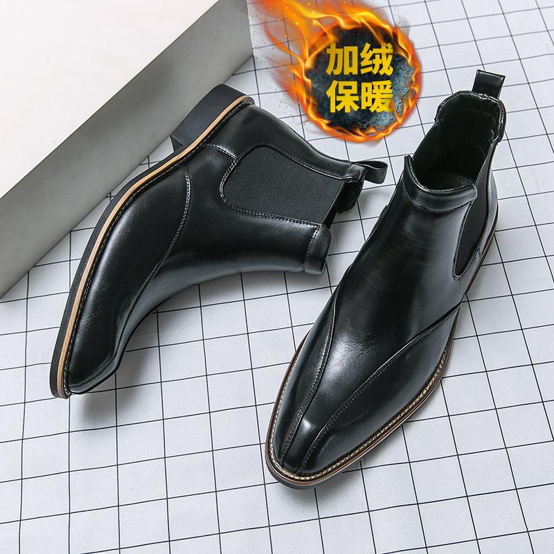 Ботинки челси мужские модные высокие повседневные кожаные туфли с заостренным носком короткие ботинки британские осенне-зимние бархатные ботинки Martin большого размера