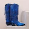 Fashion New Tassel Sequins Western Cowboy Boots Black Silver Short Plush Autumn/Winter 6.5cm High Heel Wild Fashion Knee Length Boots 46